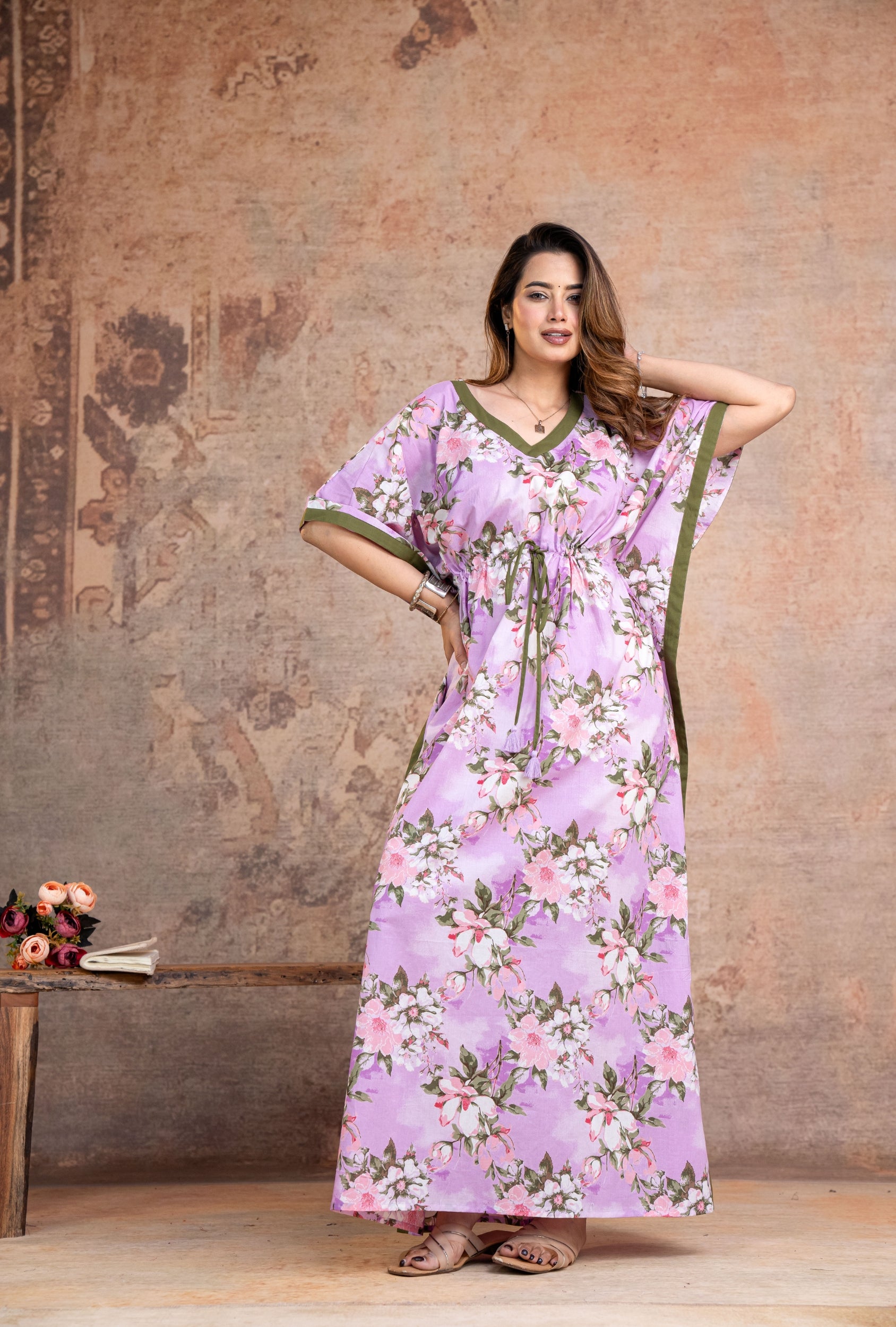 Blossom Flower Purple Loungewear Cotton Kaftan