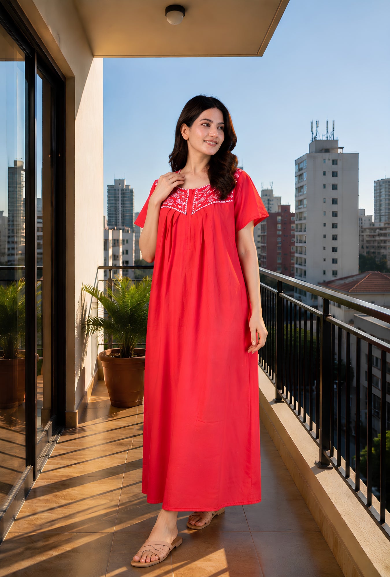 Crimson Bloom Red Embroidery Yoke Cotton Night Gown