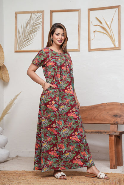 Palaash Maroon Cotton Printed Nightwear Gowns