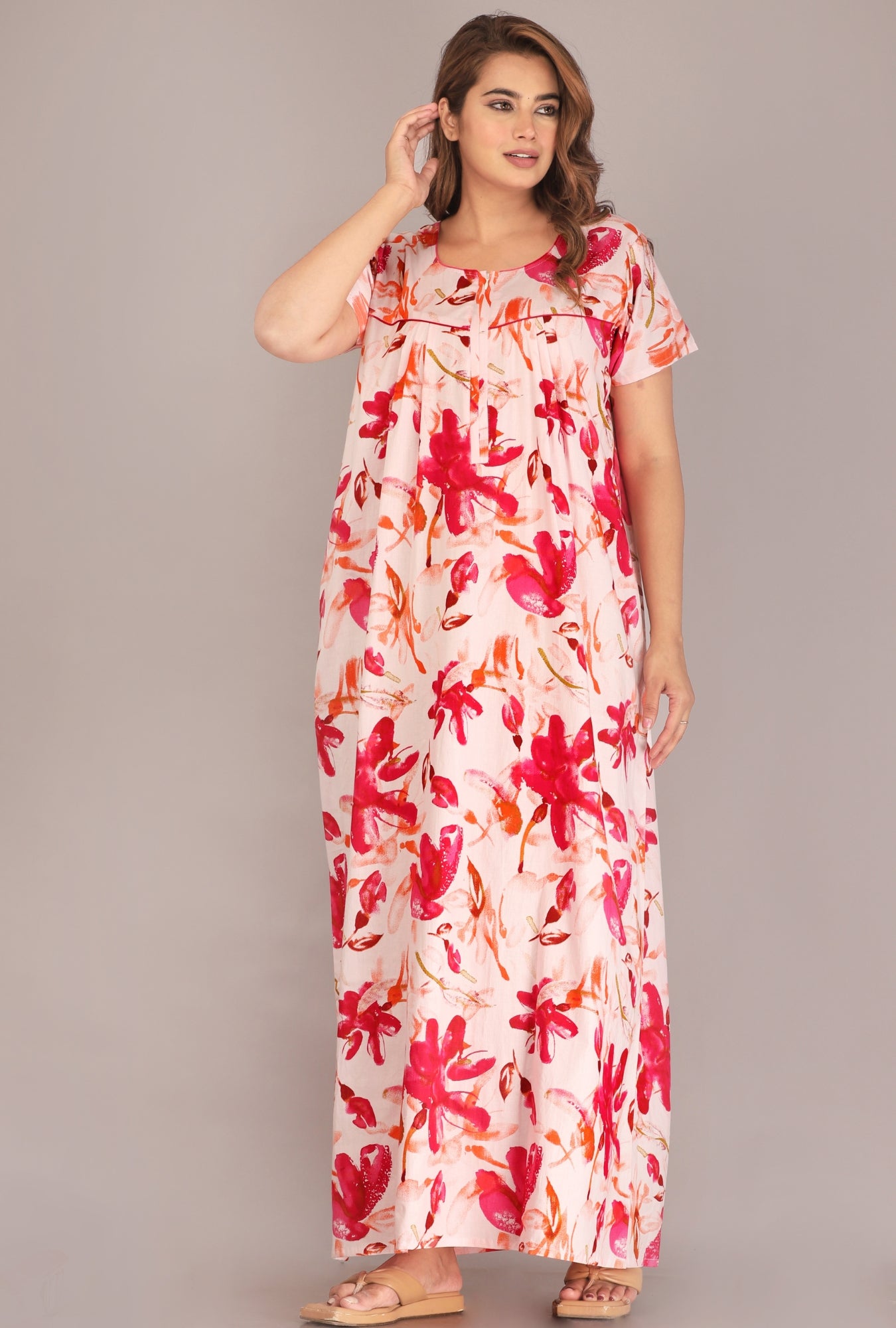 Spray Flower Pink Cotton Printed Nightwear Gowns