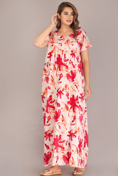 Spray Flower Pink Cotton Printed Nightwear Gowns