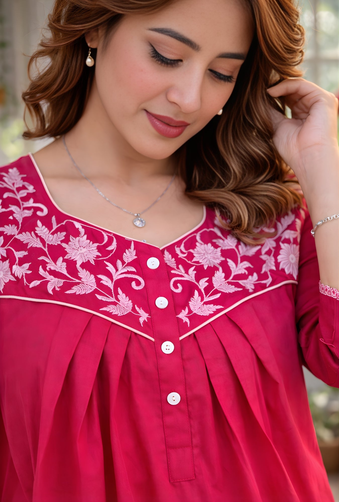 Fuchsia Pink Floral Embroidey Yoke Cotton Night Gown