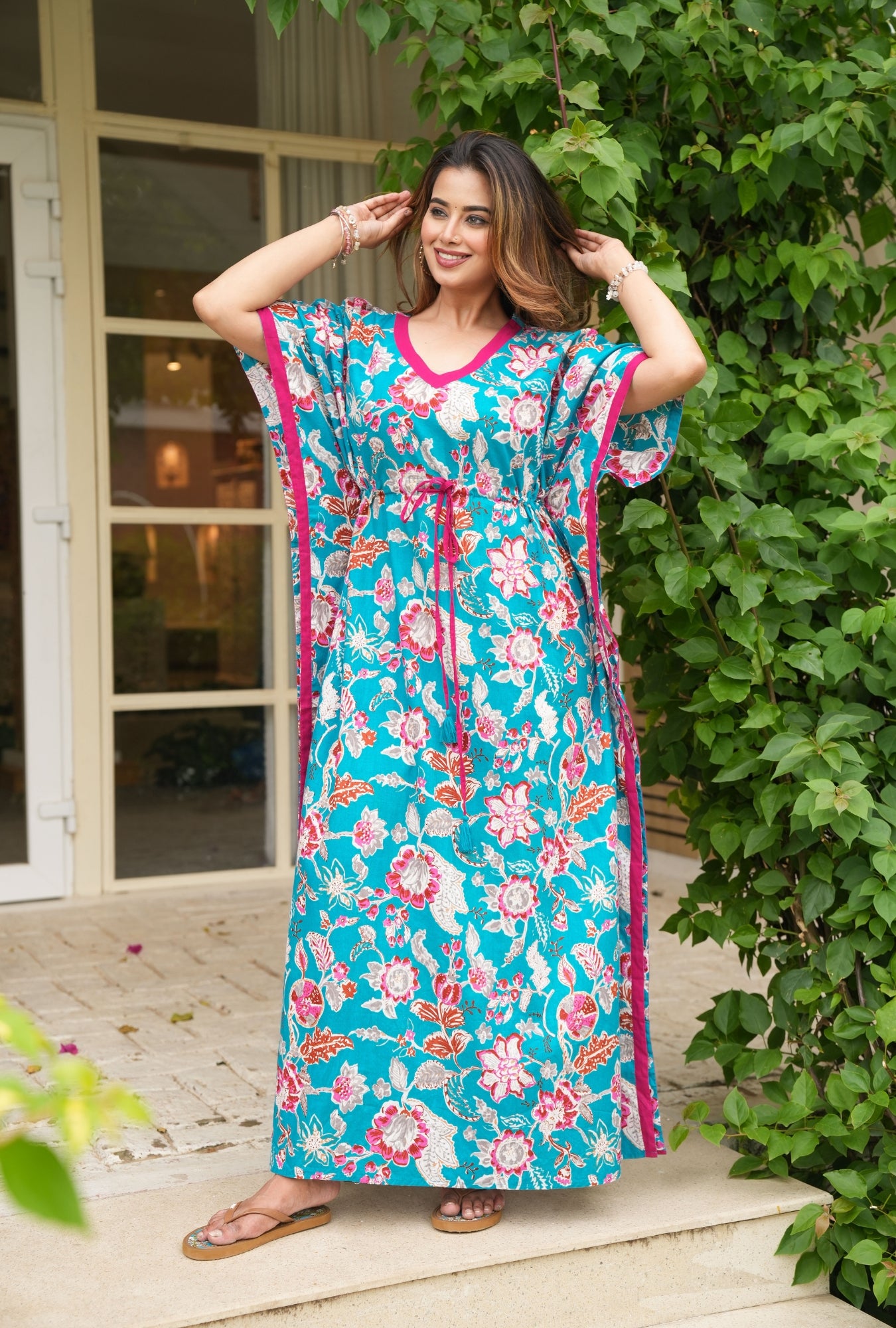 Velvet Petals Sky Blue Loungewear Cotton Kaftan
