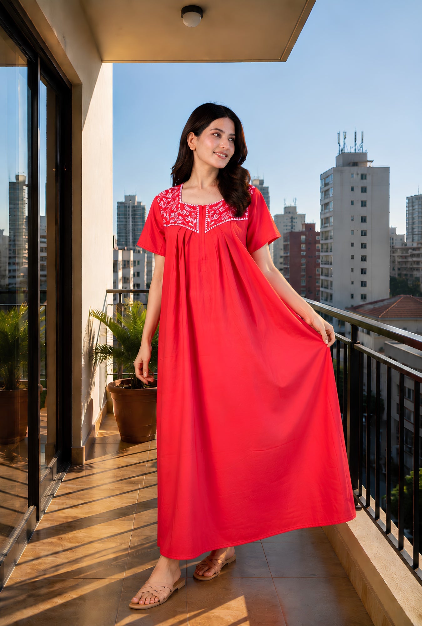 Crimson Bloom Red Embroidery Yoke Cotton Night Gown