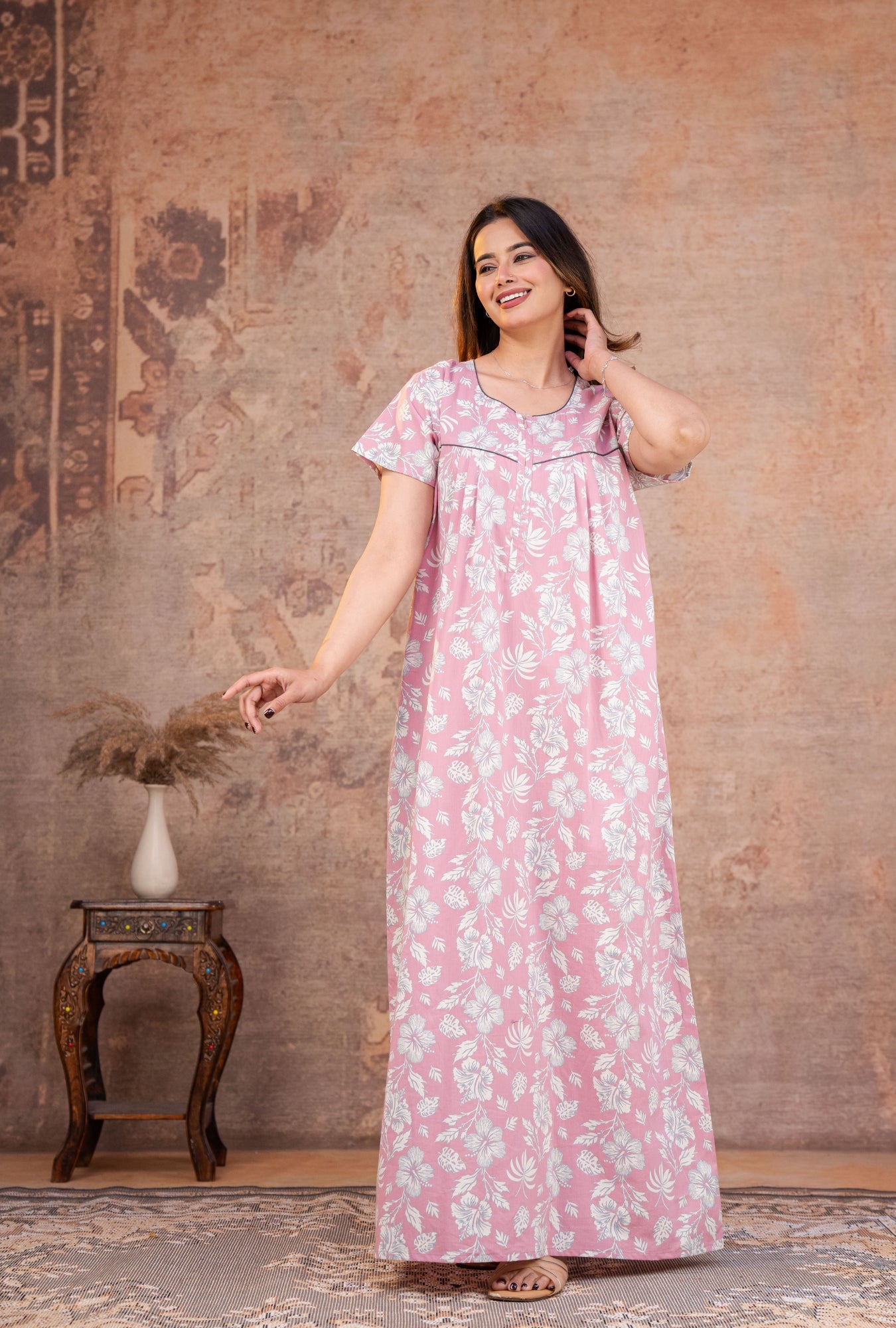 Petal Sketch Mauve Cotton Printed Nightwear Gowns
