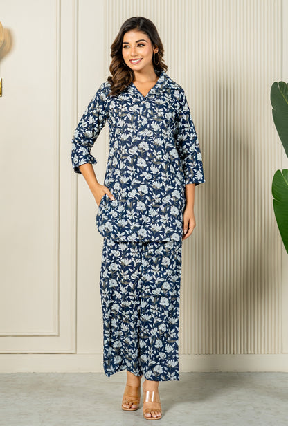 Lush Blooms Blue Cotton Loungewear Co-ords Set