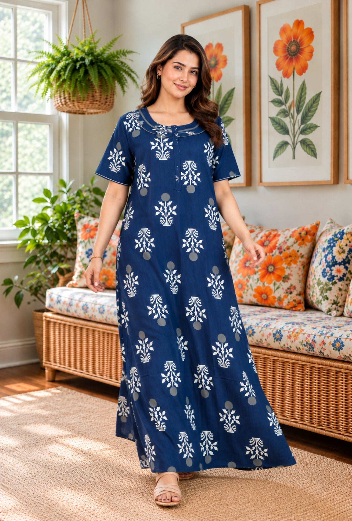 Imperial Bloom Blue Printed Cotton Night Gown