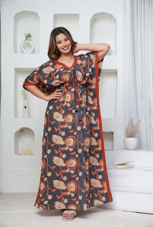 Poppy Flower Grey Loungewear Kaftan