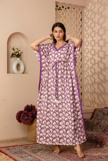 Modern Petals Purple Printed Cotton Loungewear Kaftan