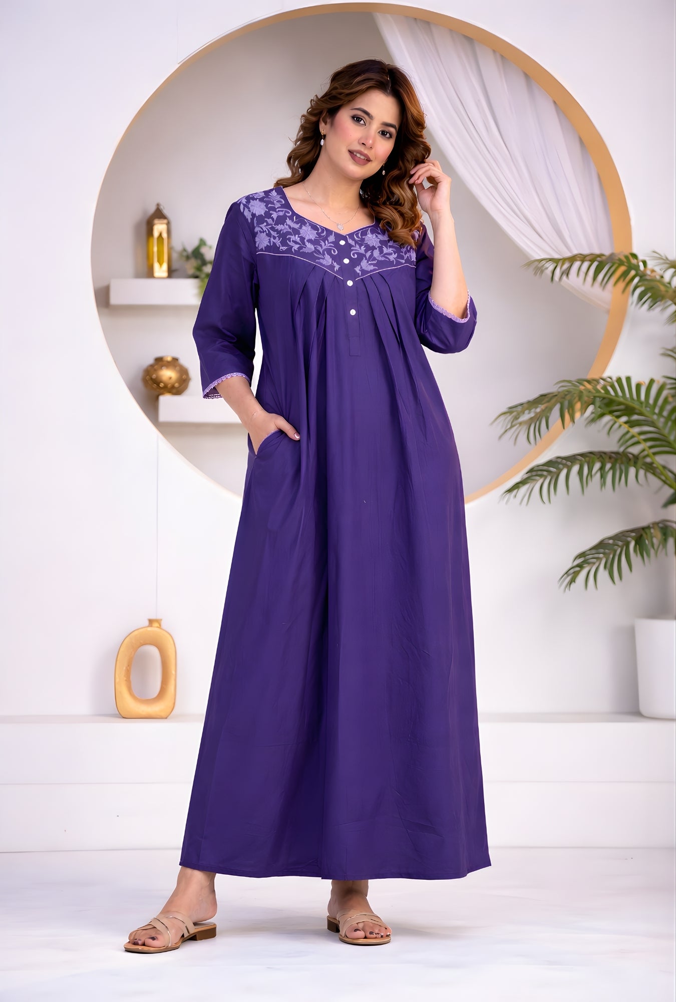 Royal Purple Floral Embroidery Yoke Cotton Night Gown
