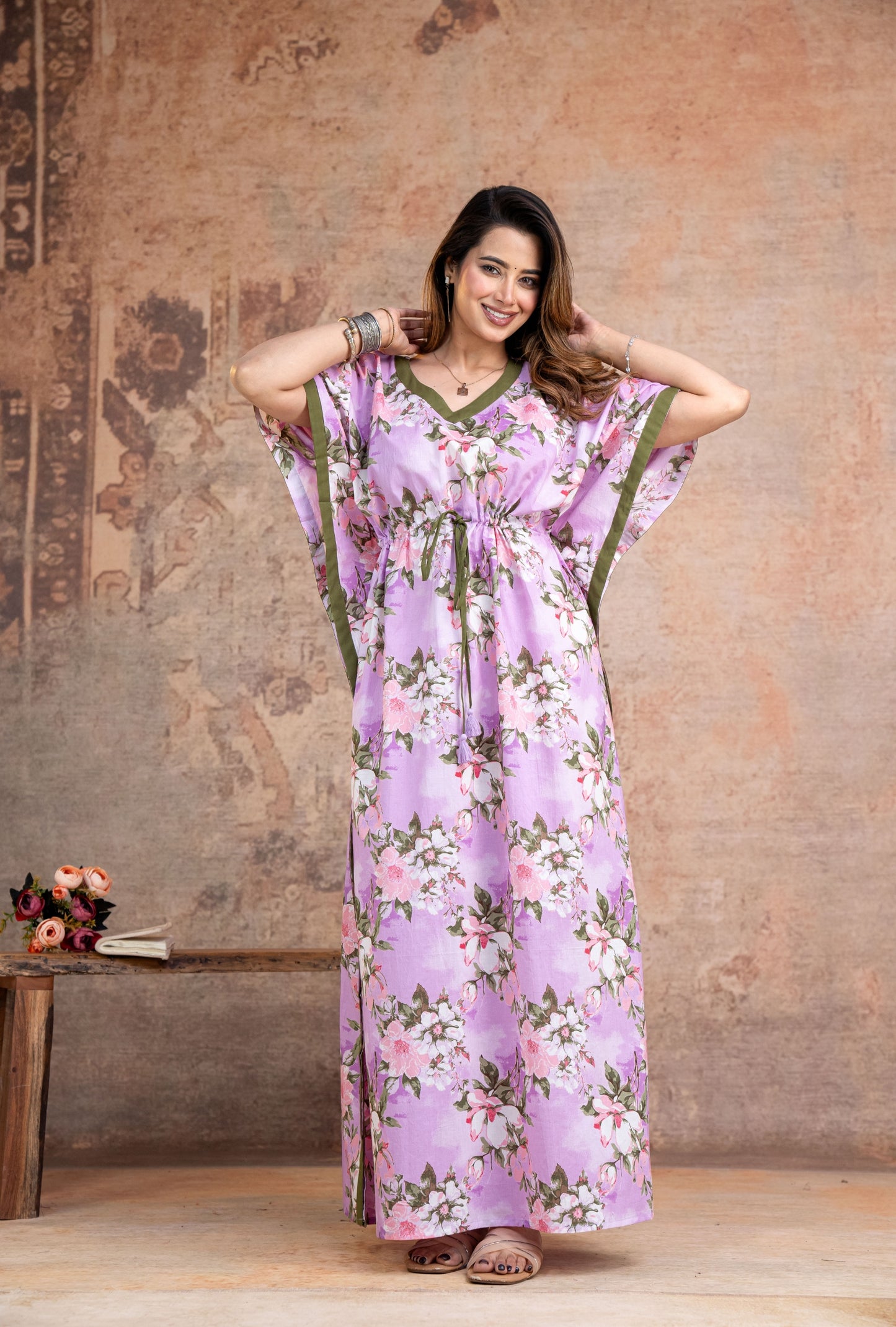 Blossom Flower Purple Loungewear Cotton Kaftan