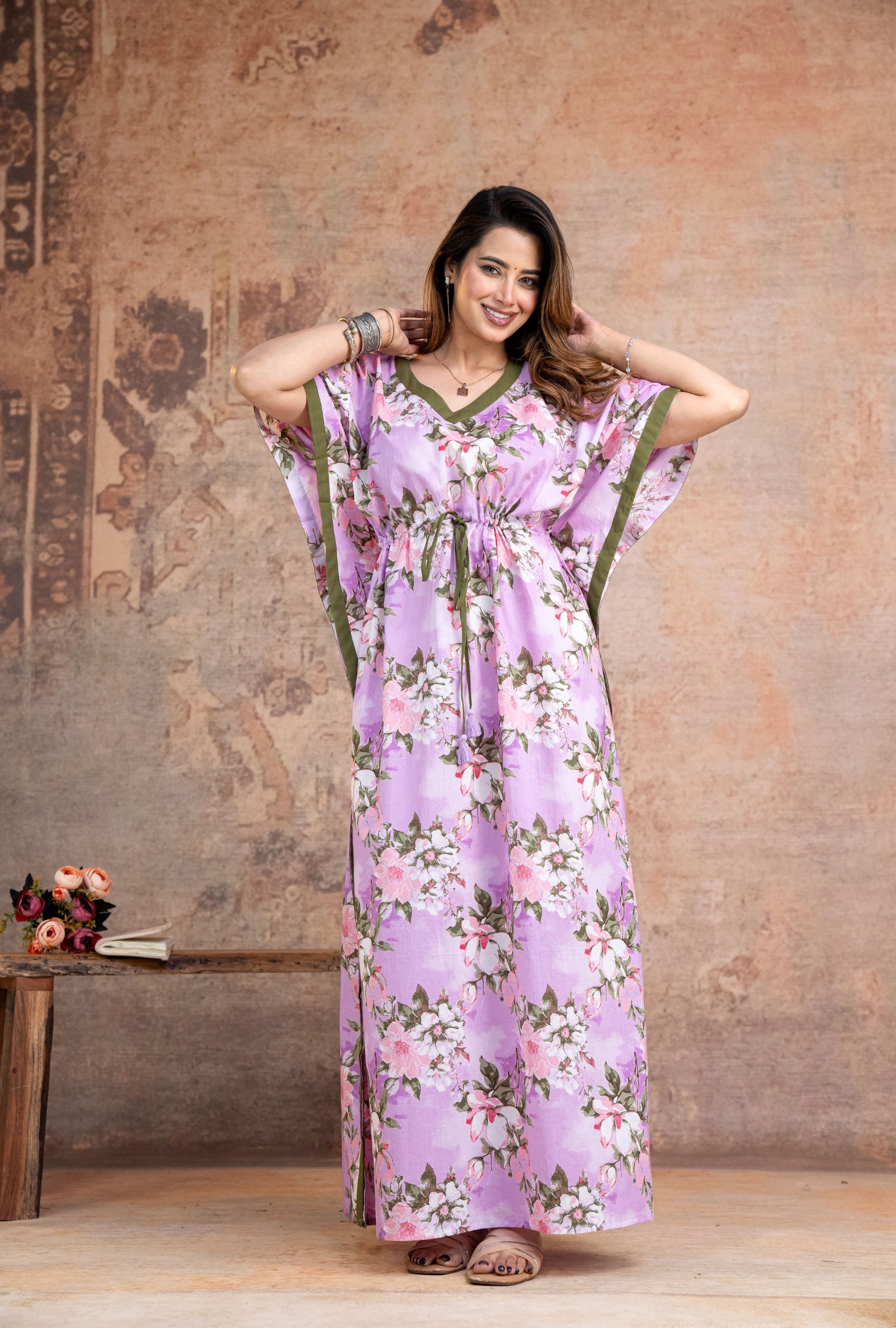 Blossom Flower Purple Loungewear Cotton Kaftan