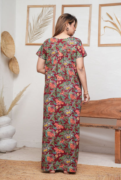 Palaash Maroon Cotton Printed Nightwear Gowns