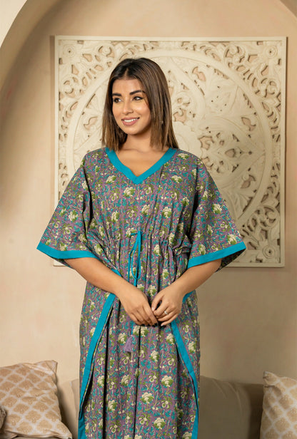 Serene Pattern Purple Cotton Loungewear Kaftan