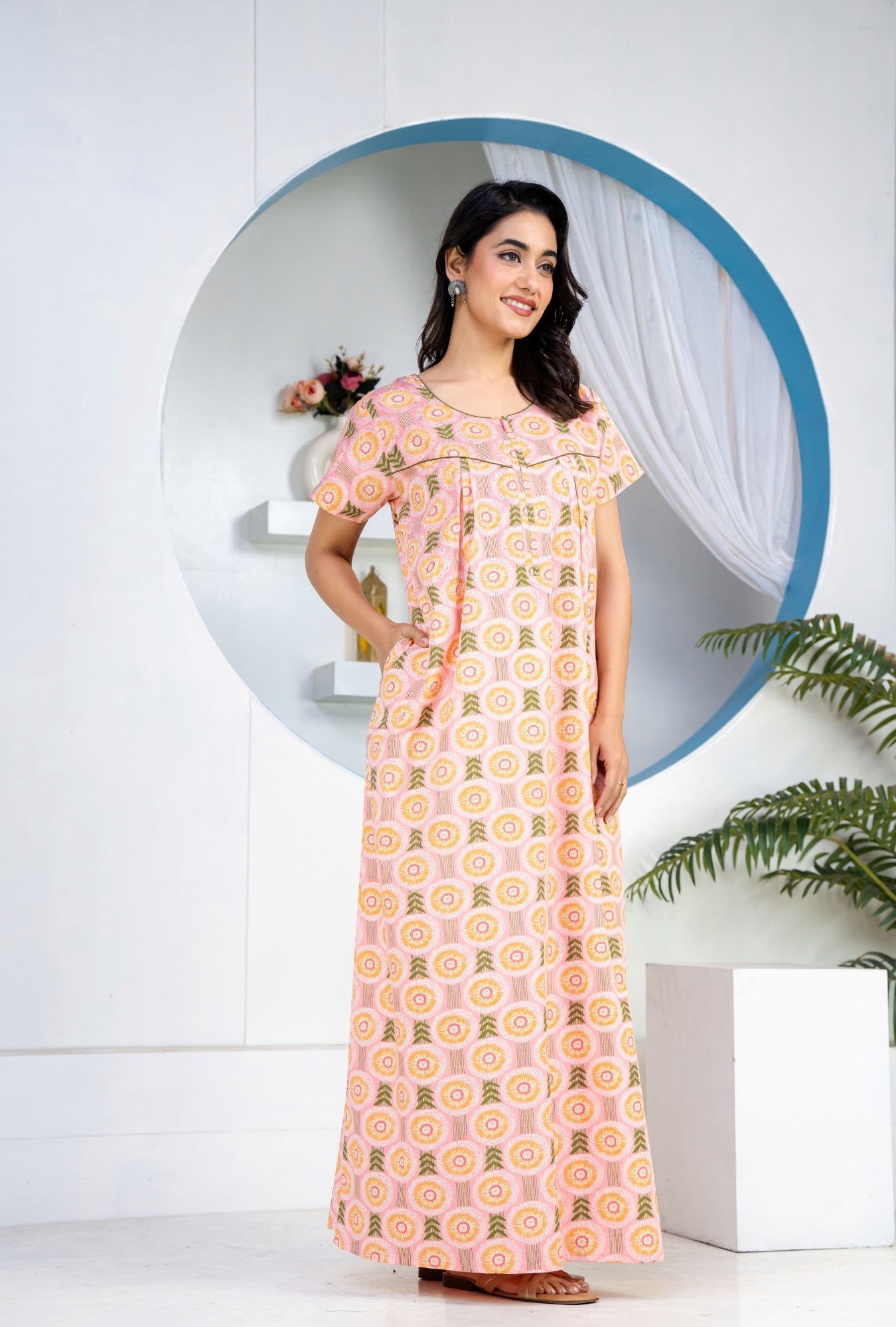 Bloom Leaves Peach Cotton Printed Nightwear Gowns