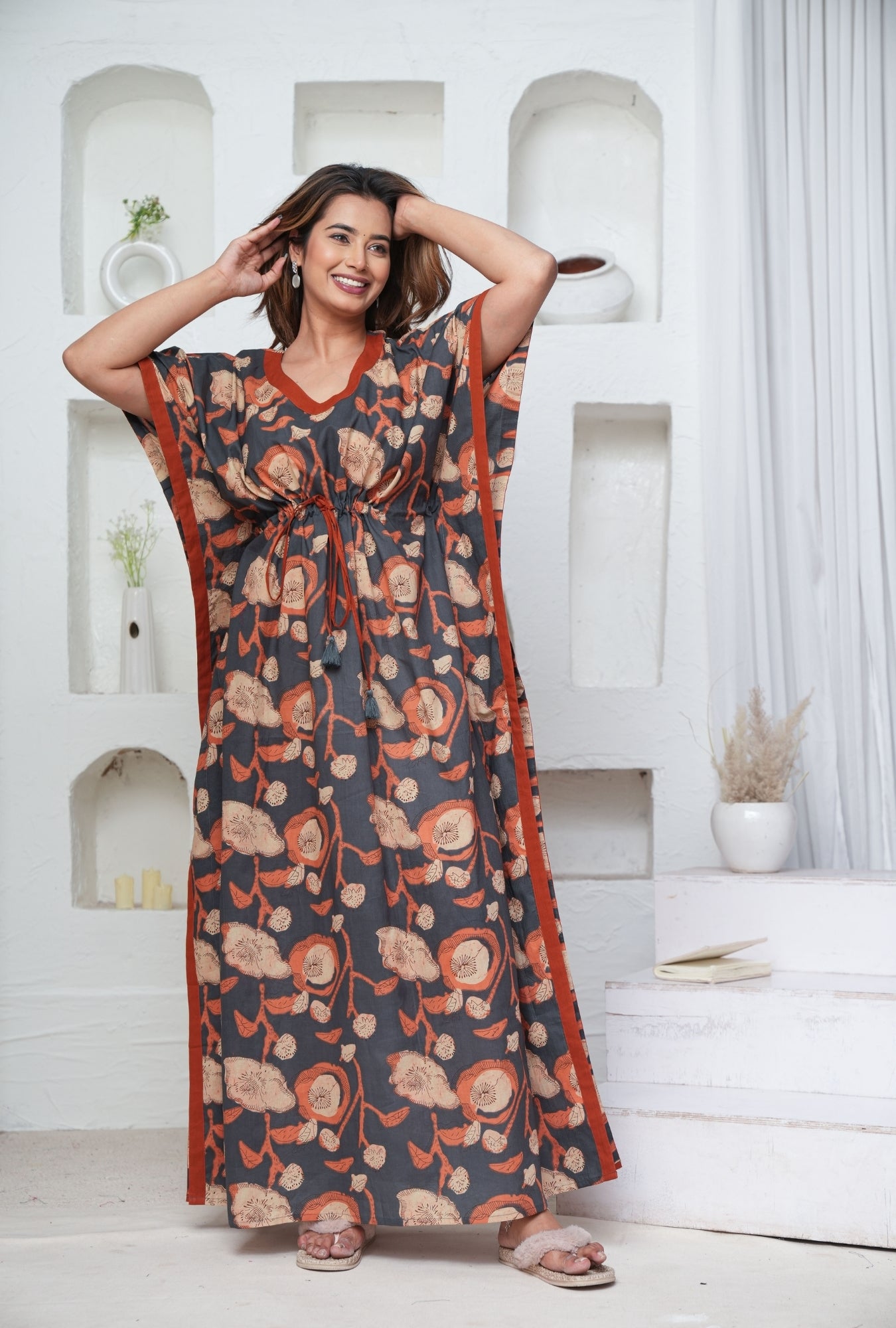 Poppy Flower Grey Loungewear Kaftan