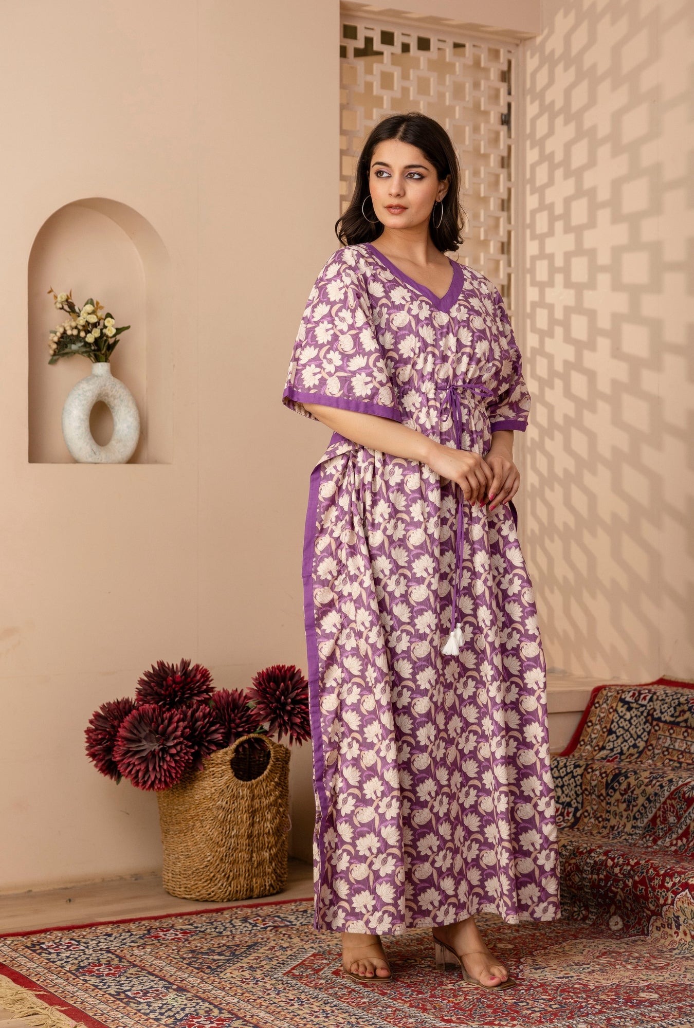 Modern Petals Purple Printed Cotton Loungewear Kaftan