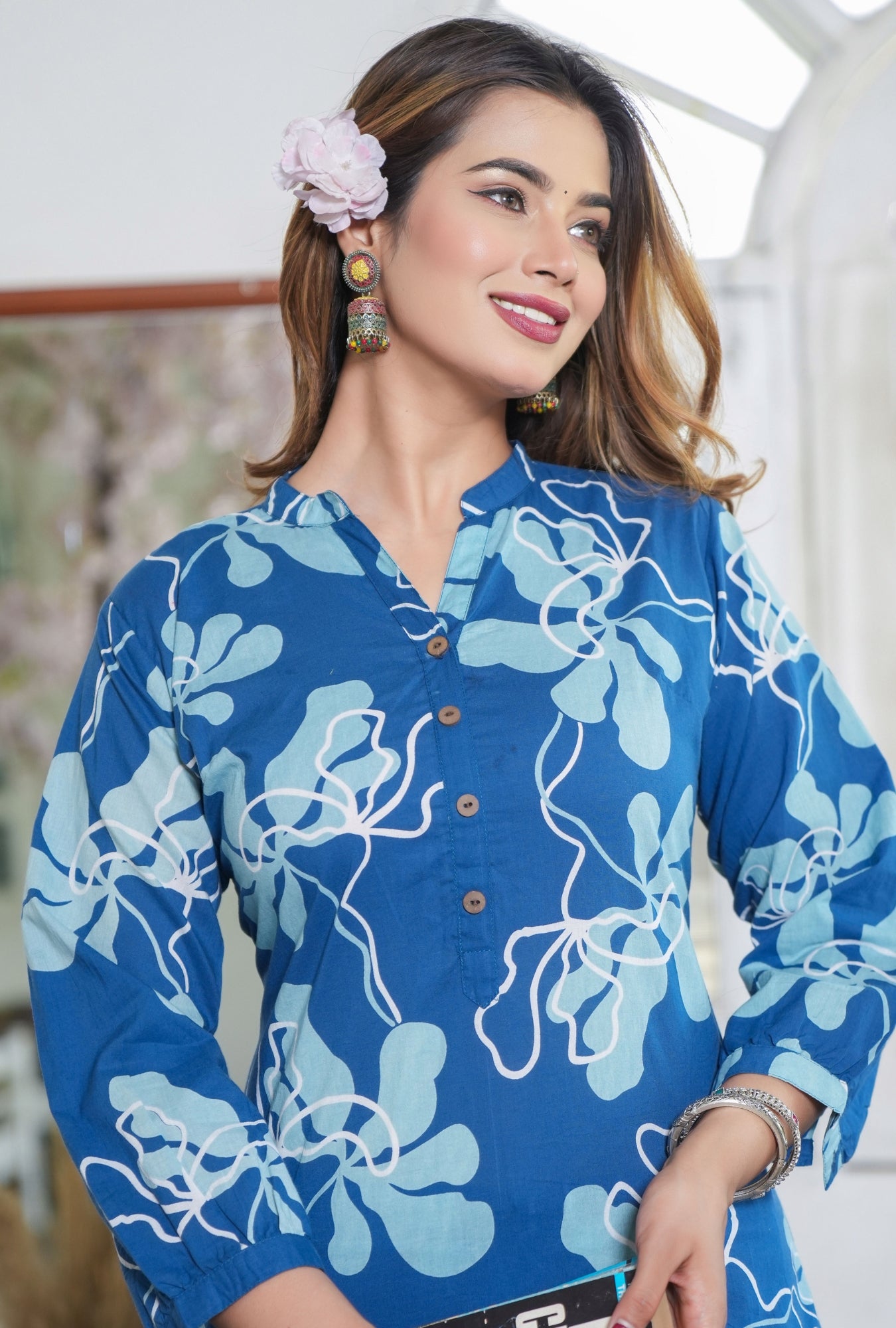 GeoLuxe Sky Blue Printed Cotton Co-ords Set