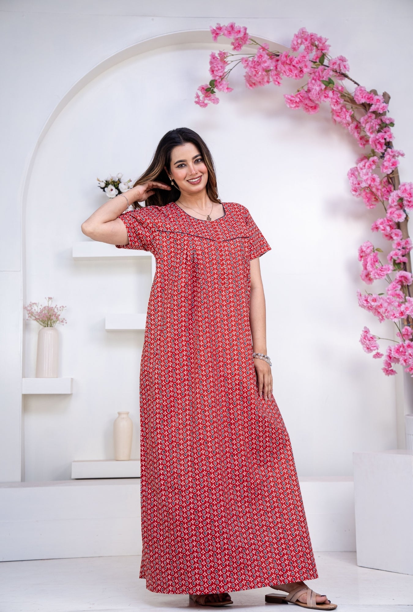 Drop Buti Red Cotton Printed Nightwear Gowns
