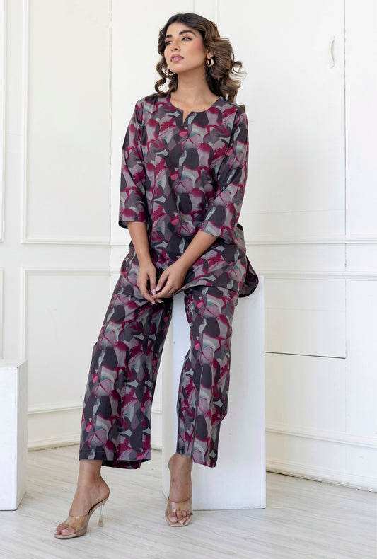 Hexa Maroon Grey Cotton Loungewear Co-ords Set