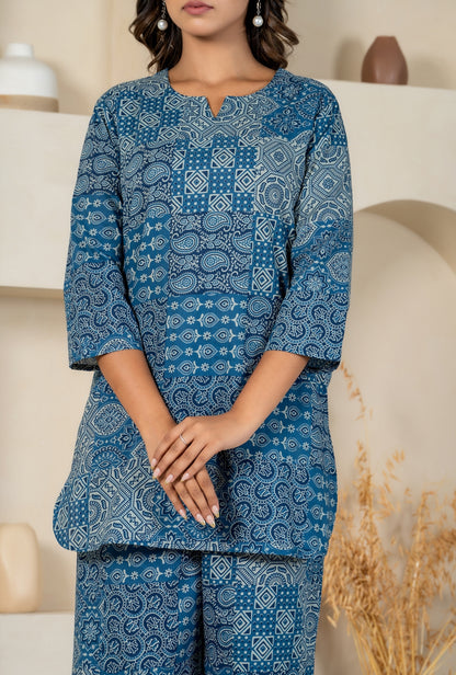 Blue Patchwork print Cotton Loungewear set