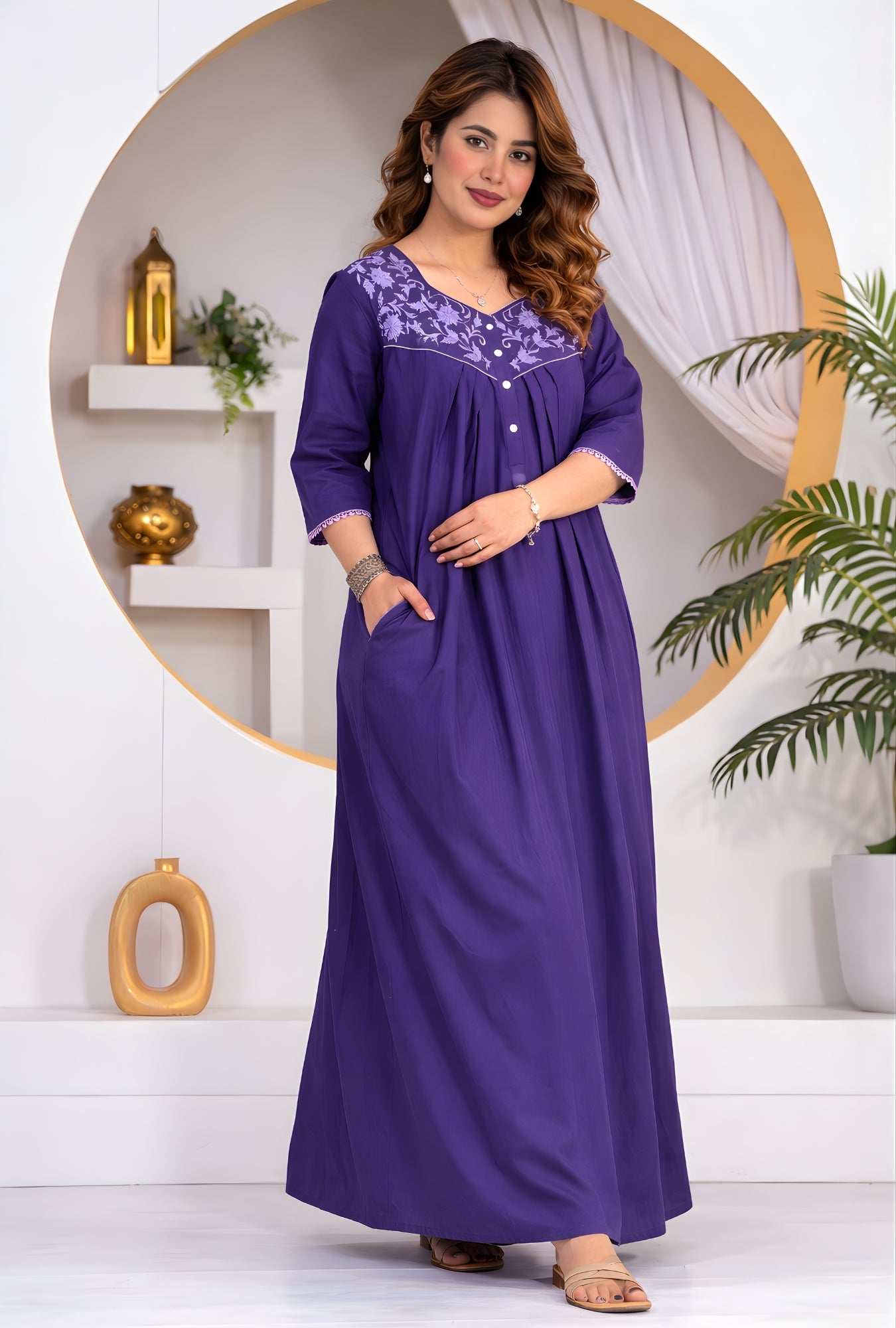 Royal Purple Floral Embroidery Yoke Cotton Night Gown