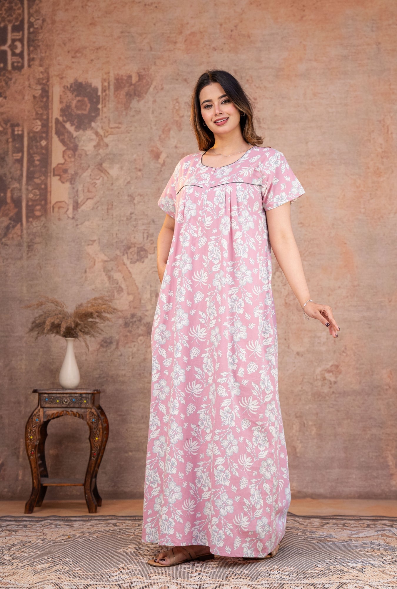 Petal Sketch Mauve Cotton Printed Nightwear Gowns