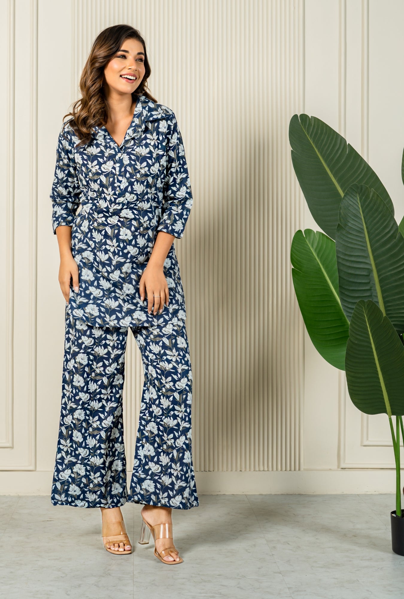 Lush Blooms Blue Cotton Loungewear Co-ords Set