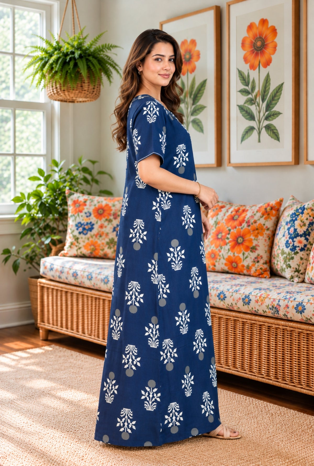 Imperial Bloom Blue Printed Cotton Night Gown