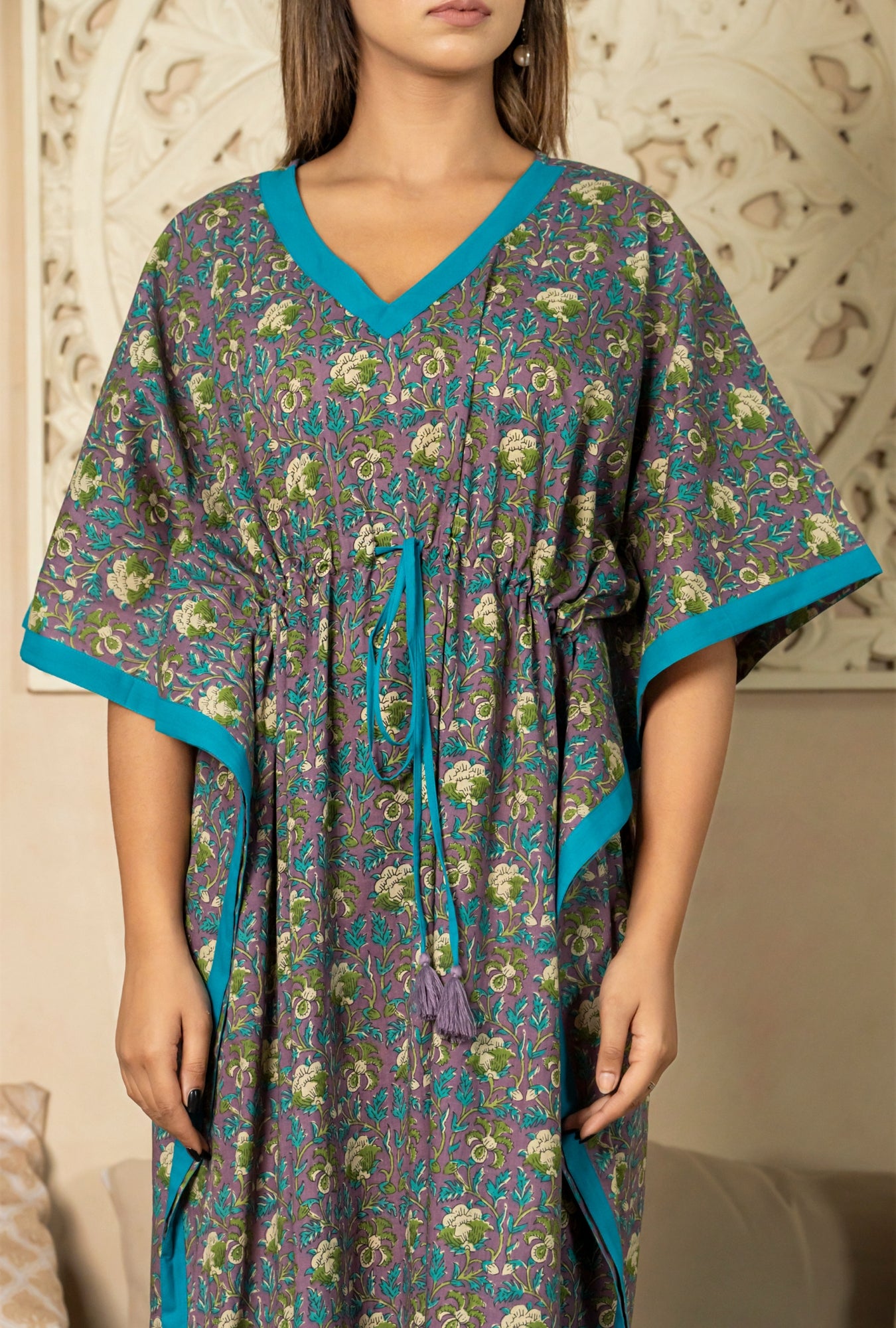 Serene Pattern Purple Cotton Loungewear Kaftan