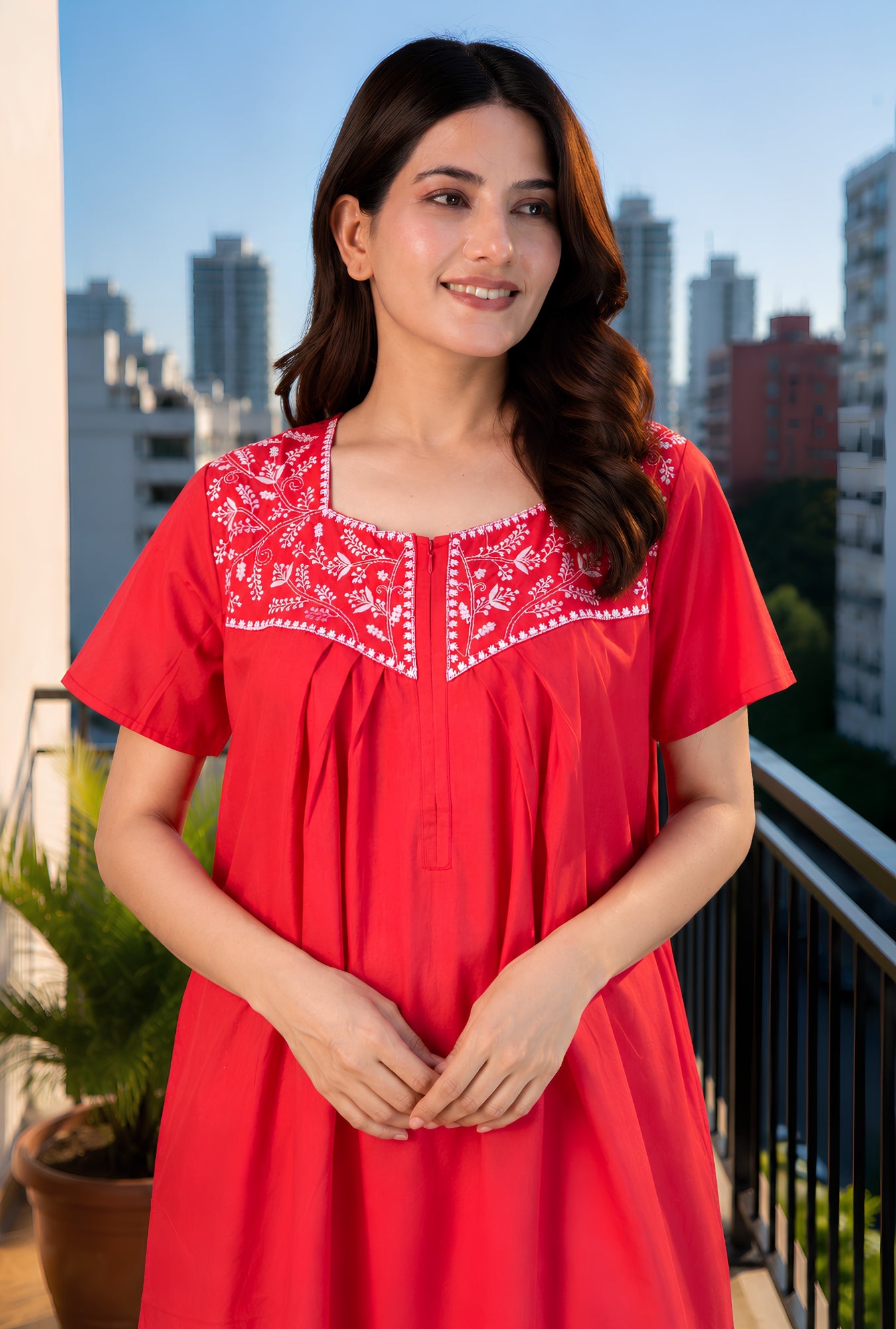Crimson Bloom Red Embroidery Yoke Cotton Night Gown