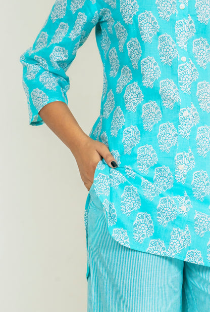 Bell Buta Sea Green Cotton Loungewear Co-ords Set