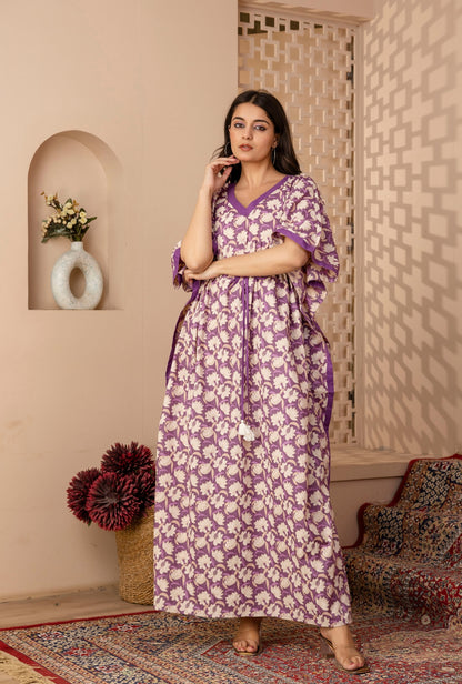 Modern Petals Purple Printed Cotton Loungewear Kaftan