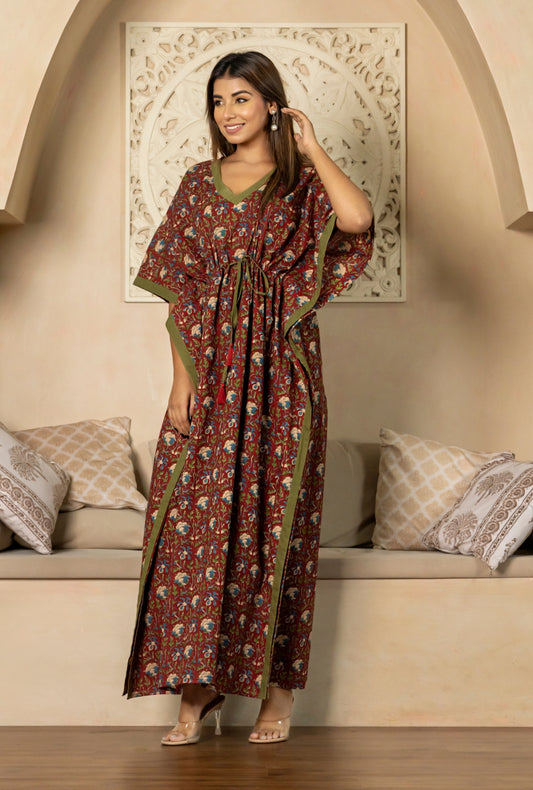 Serene Pattern Maroon Cotton Loungewear Kaftan