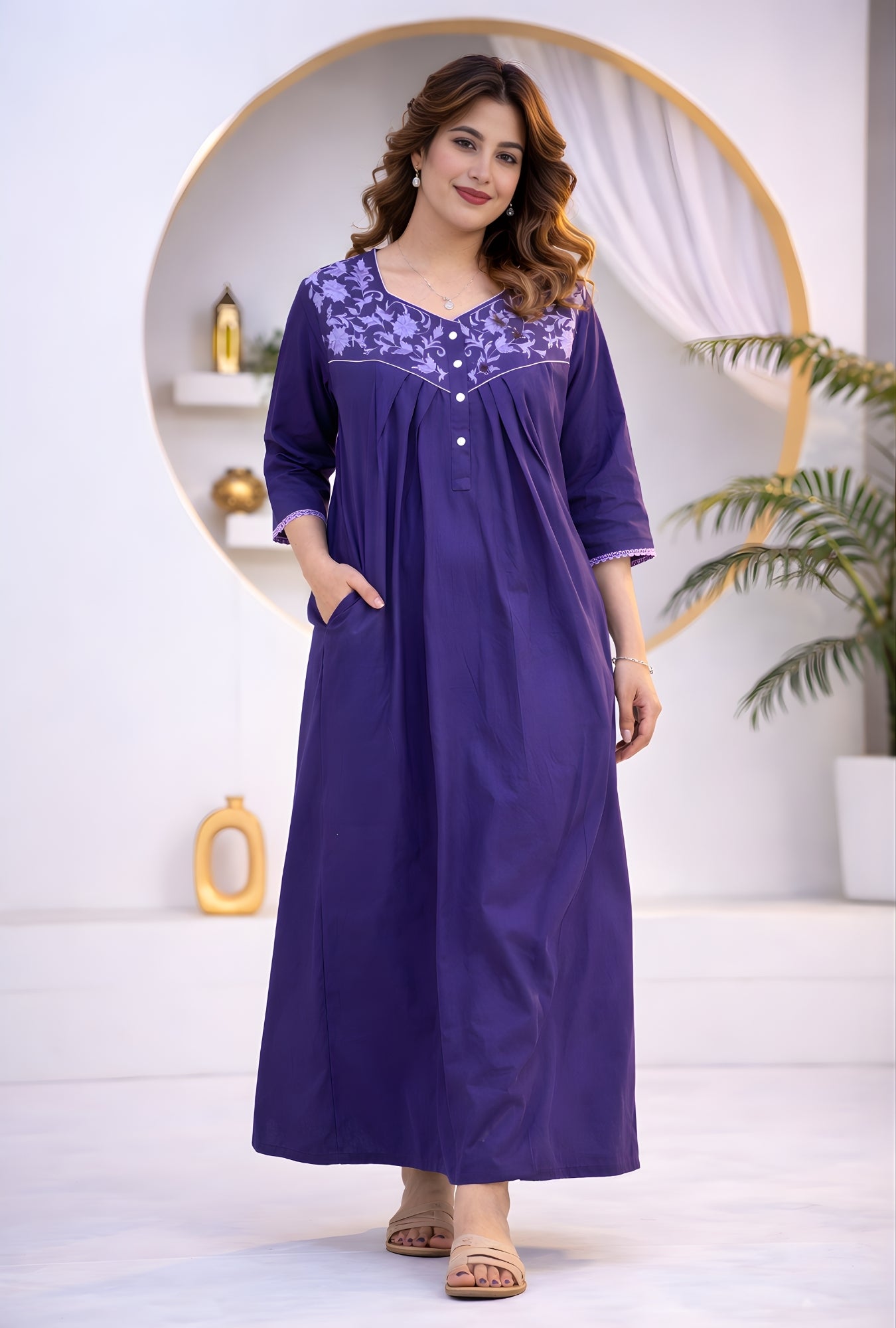 Royal Purple Floral Embroidery Yoke Cotton Night Gown