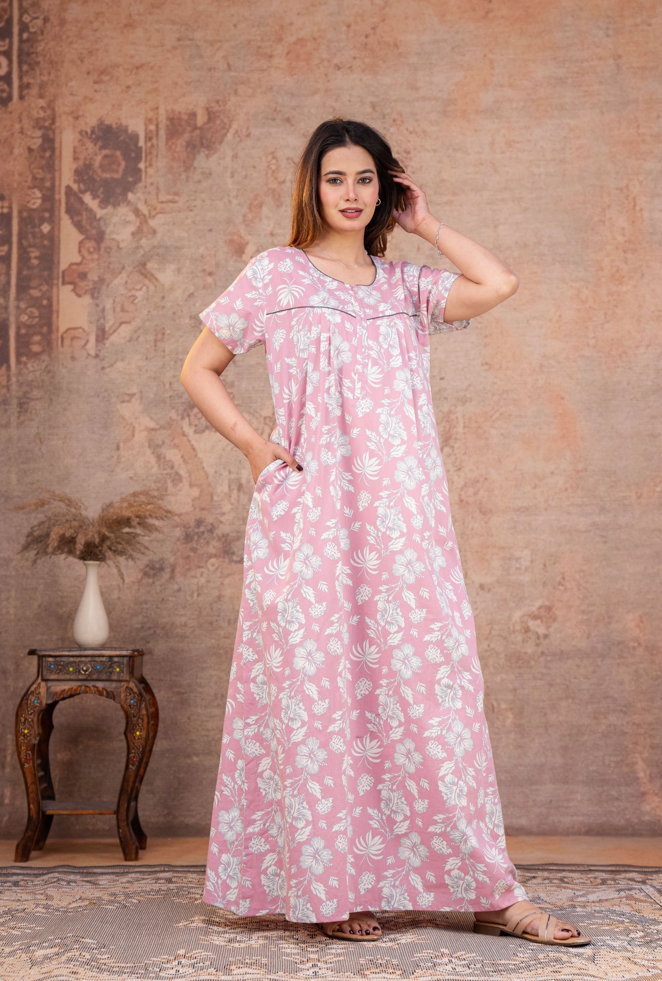 Petal Sketch Mauve Cotton Printed Nightwear Gowns