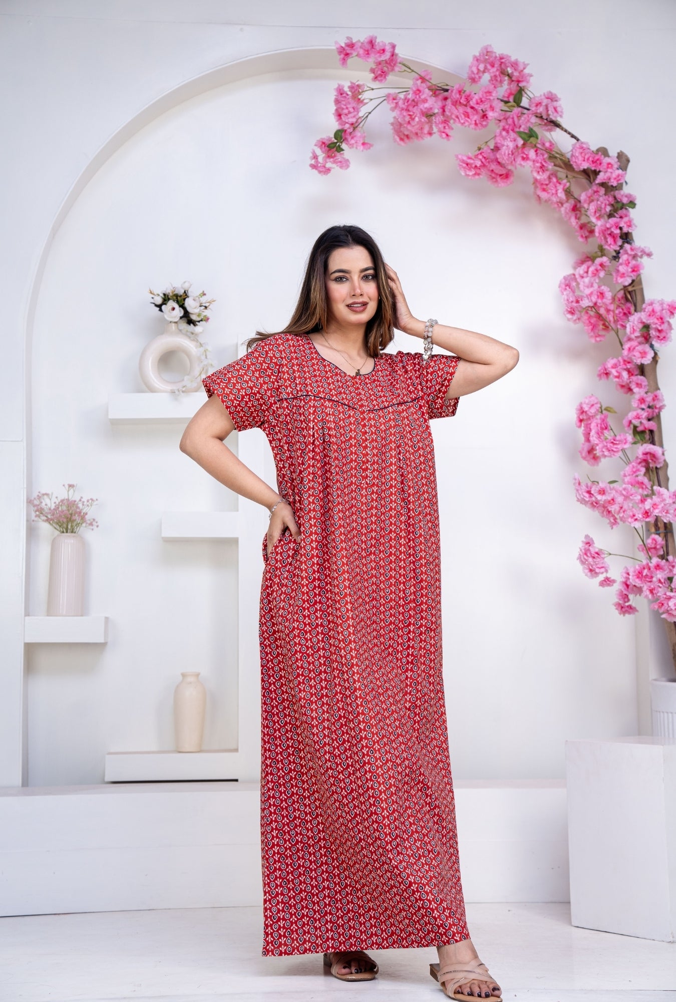 Drop Buti Red Cotton Printed Nightwear Gowns