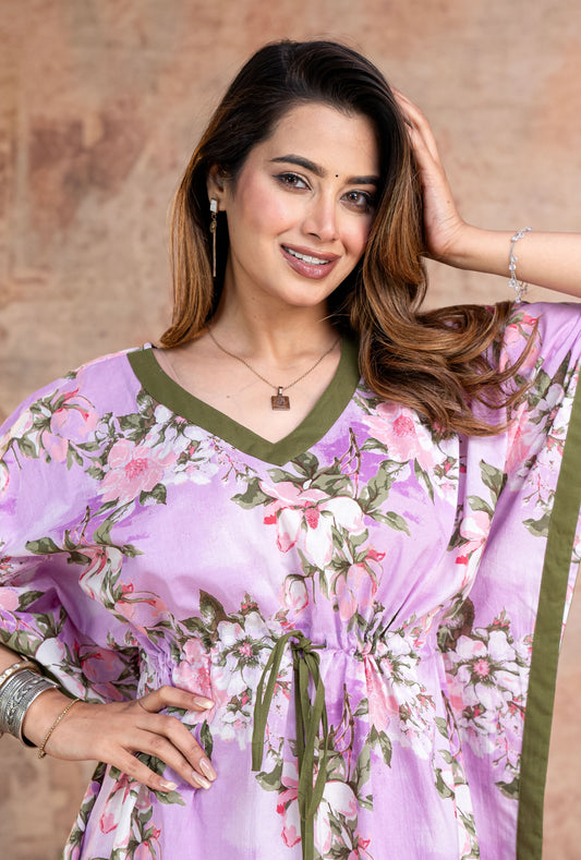Blossom Flower Purple Loungewear Cotton Kaftan