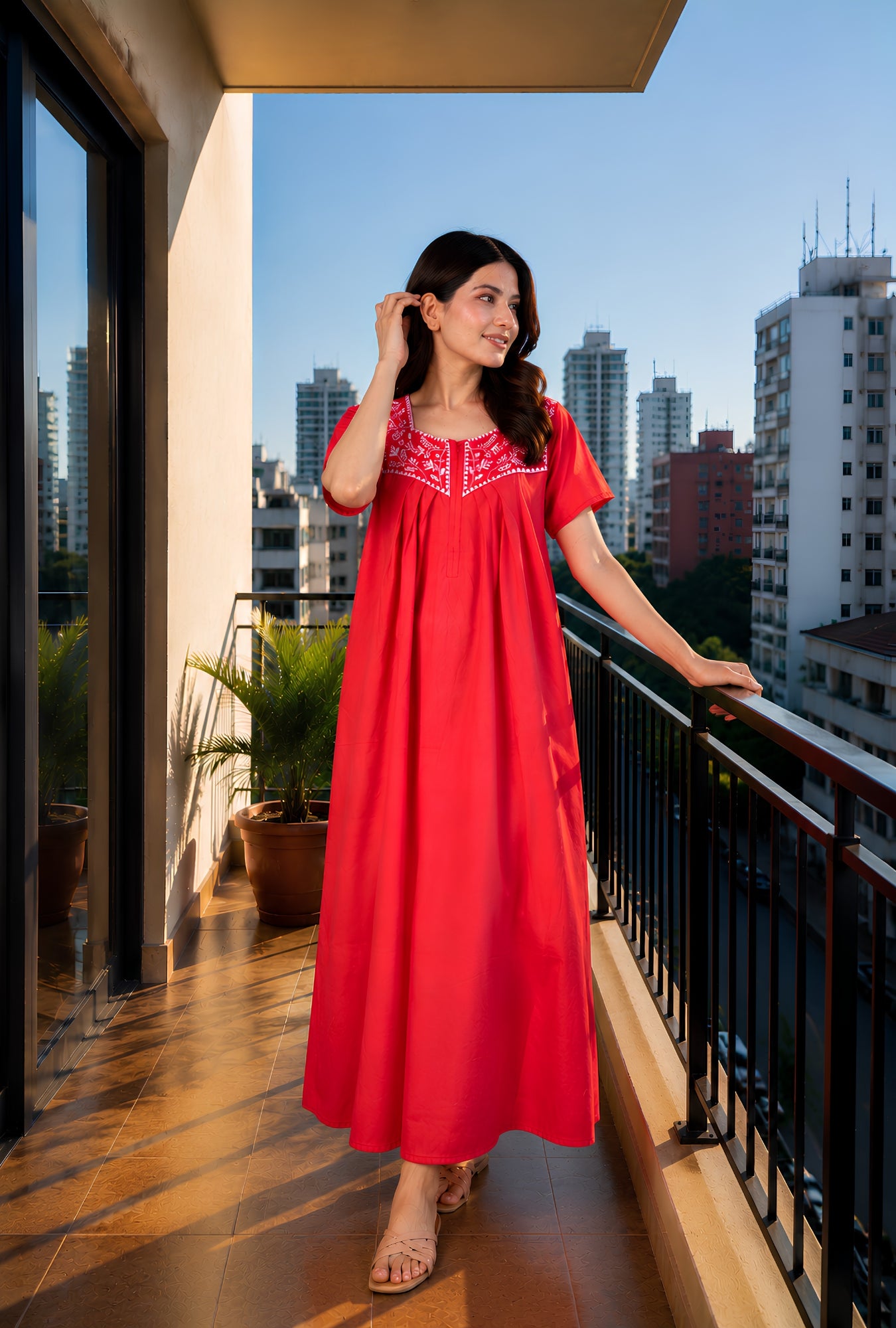 Crimson Bloom Red Embroidery Yoke Cotton Night Gown