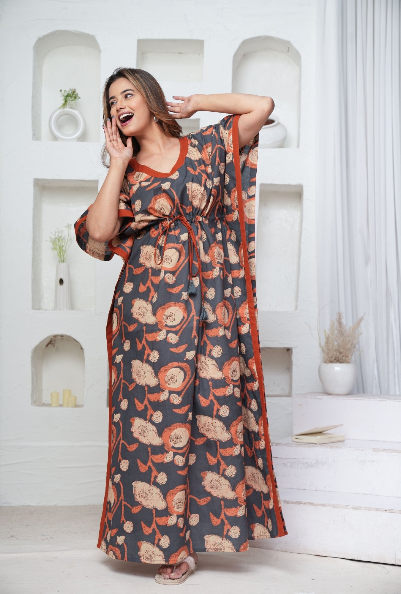 Poppy Flower Grey Loungewear Kaftan