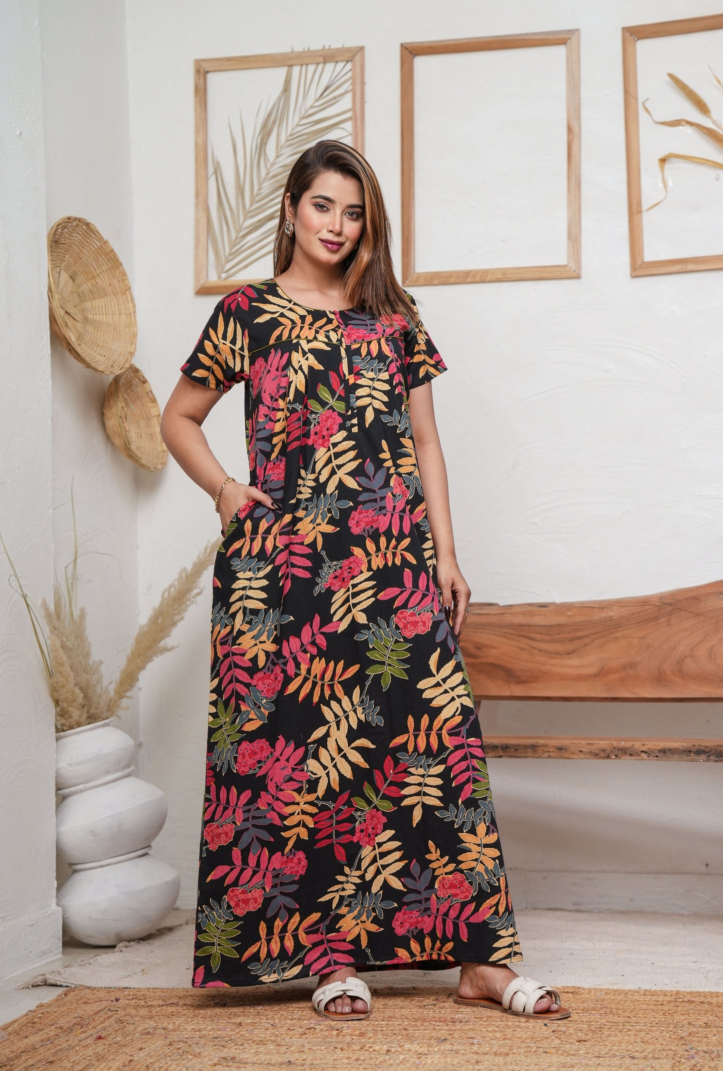 Neem Leaves Black Cotton Printed Nightwear Gowns