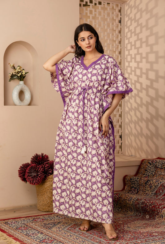 Modern Petals Purple Printed Cotton Loungewear Kaftan