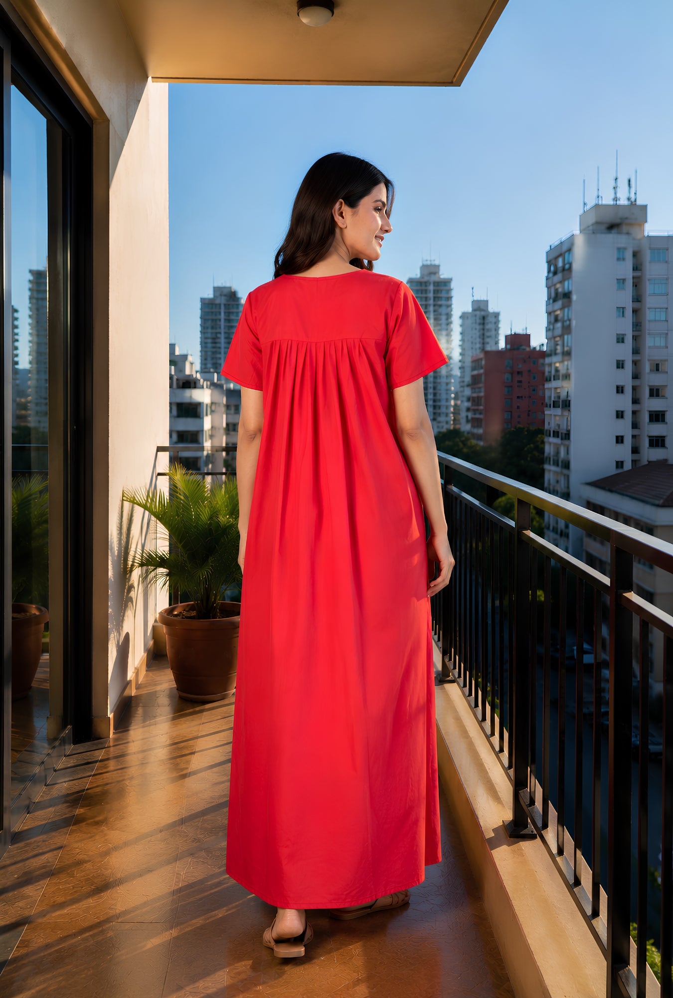 Crimson Bloom Red Embroidery Yoke Cotton Night Gown