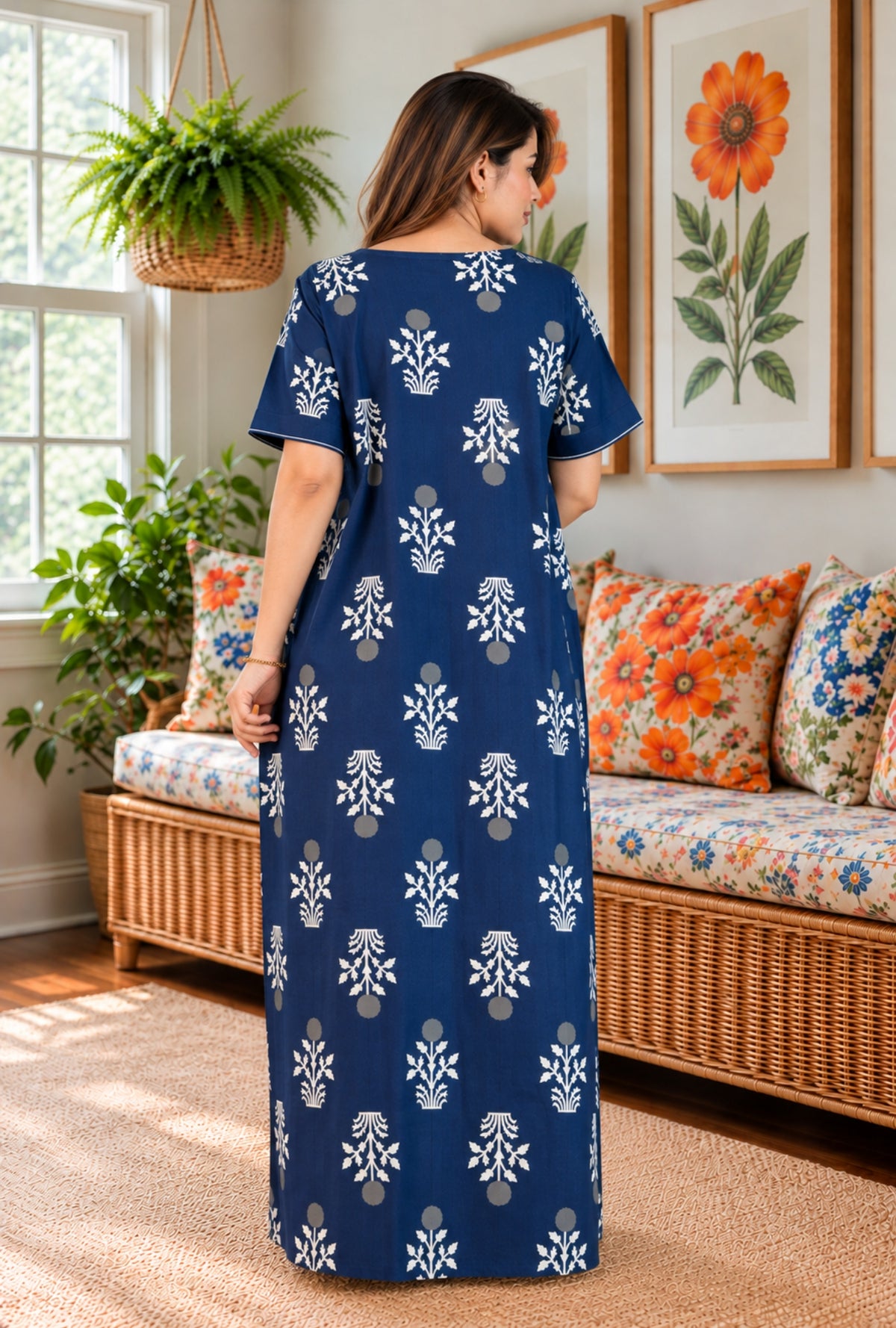 Imperial Bloom Blue Printed Cotton Night Gown