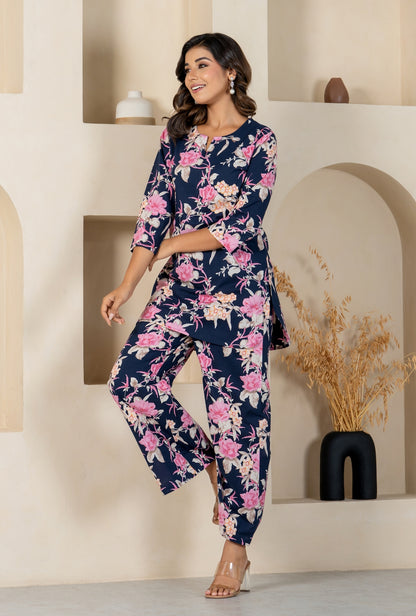 Bluebell Bliss Navy Blue Cotton Loungewear Set