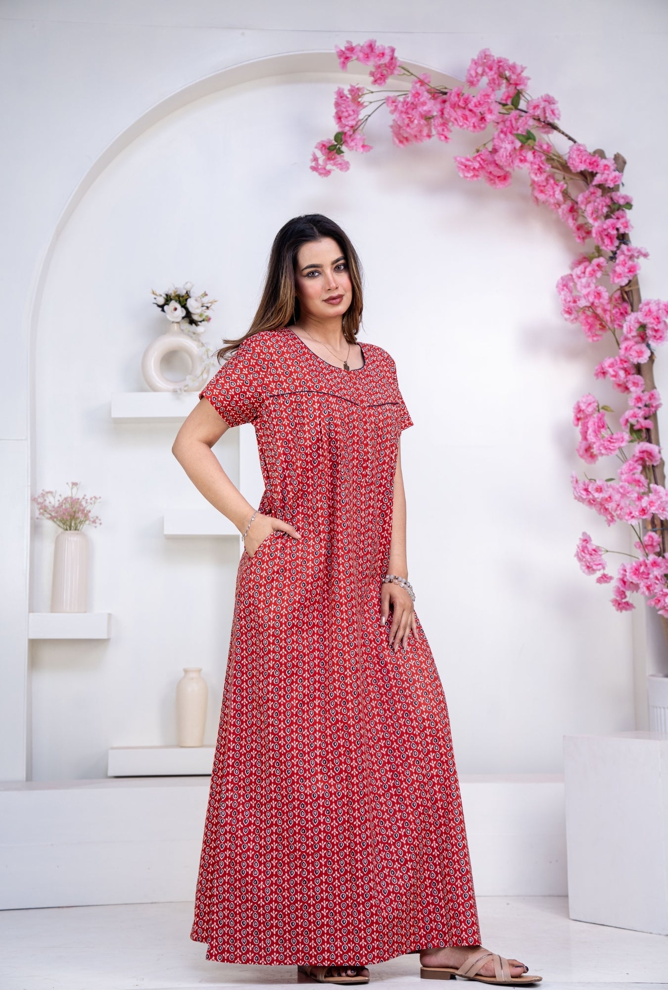 Drop Buti Red Cotton Printed Nightwear Gowns
