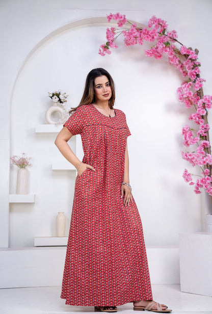 Drop Buti Red Cotton Printed Nightwear Gowns