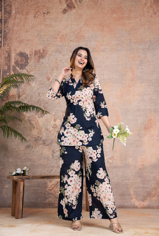 Rosella Navy Blue Printed Cotton Co-ords Set