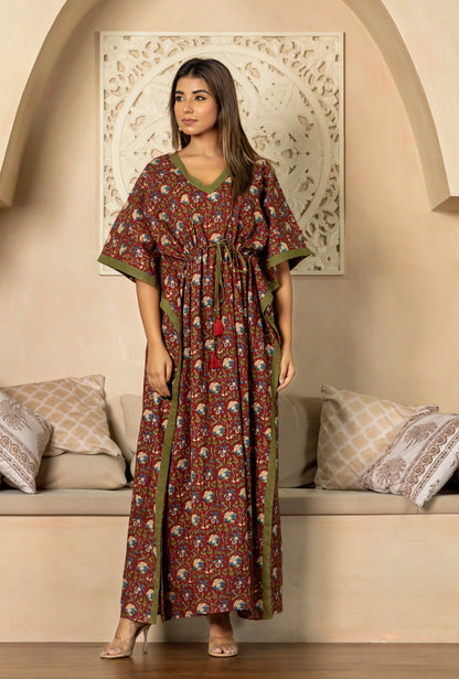 Serene Pattern Maroon Cotton Loungewear Kaftan