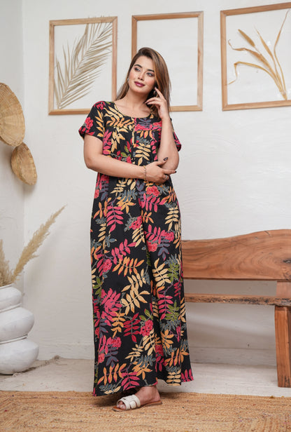 Neem Leaves Black Cotton Printed Nightwear Gowns